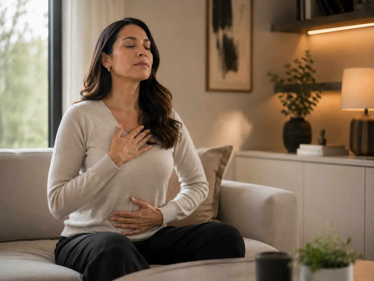 Pausa de respiración para regular la ansiedad antes de comer por impulso